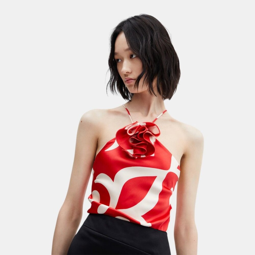 NWT MNG by Mango Satin Halter Top Rosette Floral Print M Drapey Y2K Whimsy Chic